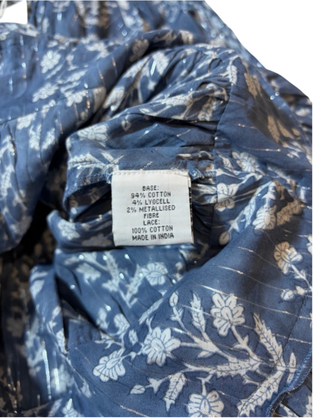 Juliet Dunn Blue Floral Block Print Blouson Dress Metallic Resort Nwt — image 7 of 8